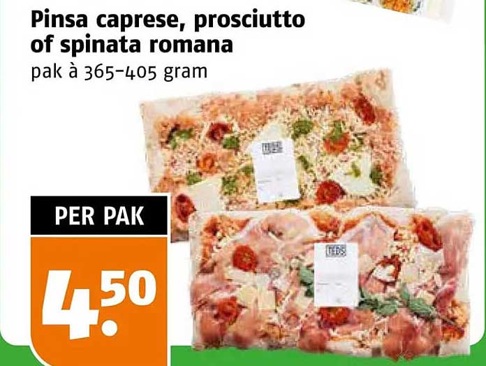 Pinsa caprese, prosciutto of spinata romana pak à 365-405 gram