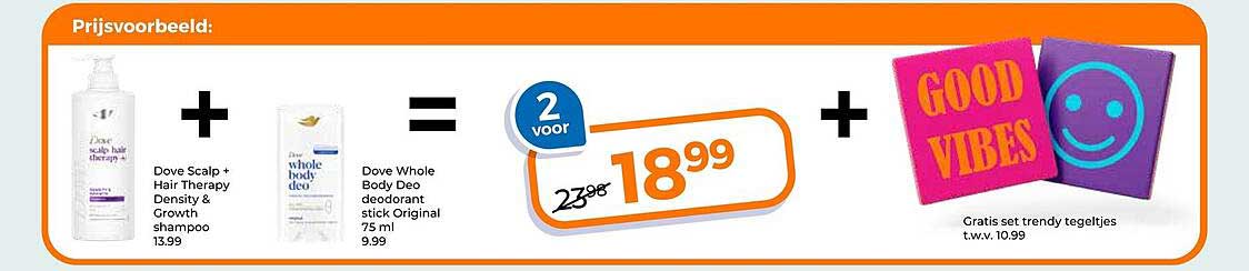 Prijvoorbeeld: Dove Scalp + Hair Therapy Density & Growth shampoo + Dove Whole Body Deo deodorant stick Original 75 ml