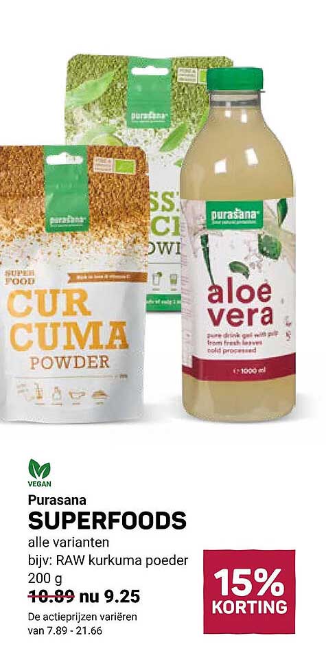 Purasana SUPERFOODS alle varianten bijv: RAW kurkuma poeder 200 g 15% KORTING