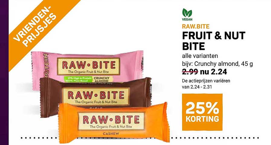 RAW.BITE FRUIT & NUT BITE alle varianten bijv: Crunchy almond, 45 g 25% KORTING