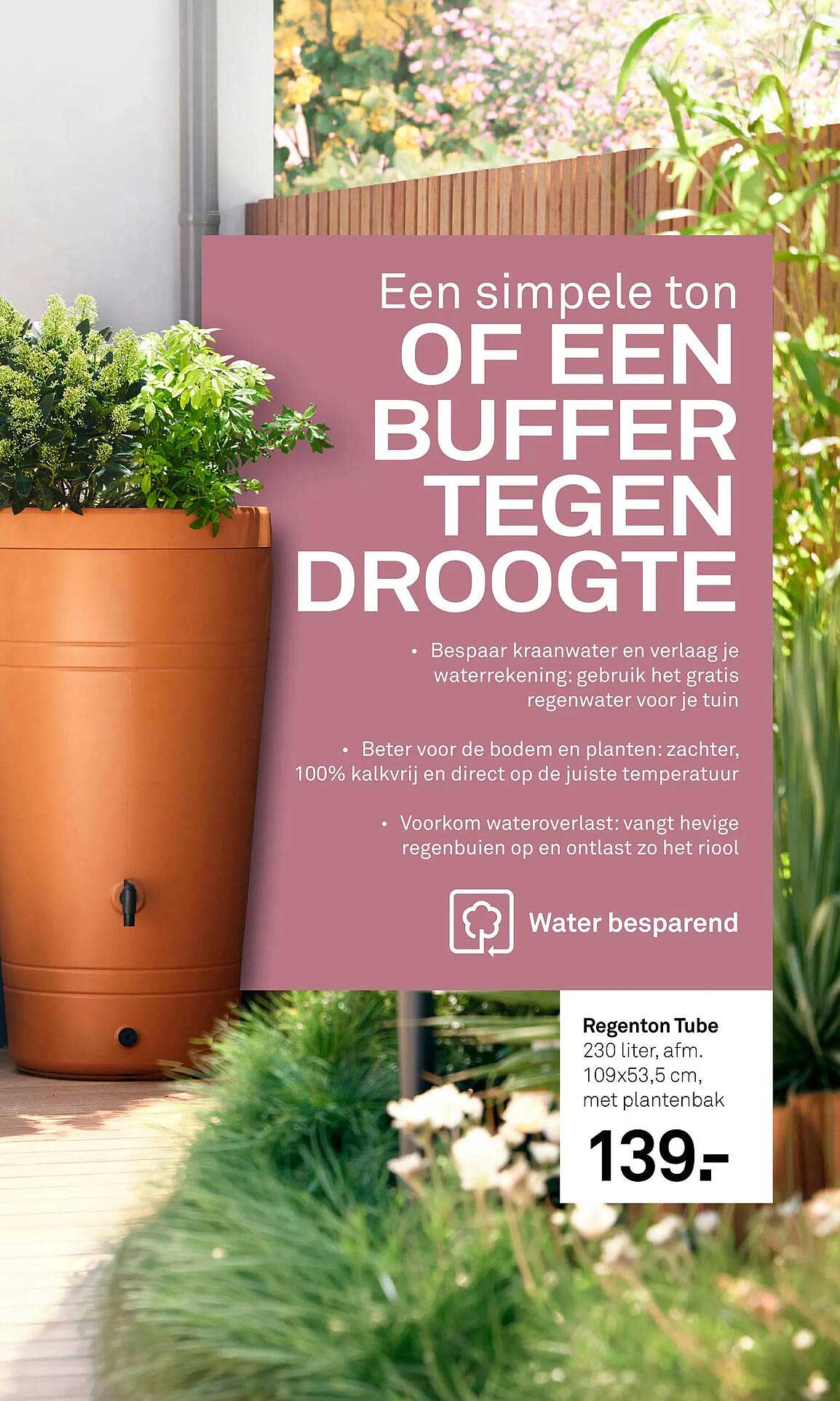 Regenton Tube 230 liter, afm. 109x53,5 cm, met plantenbak