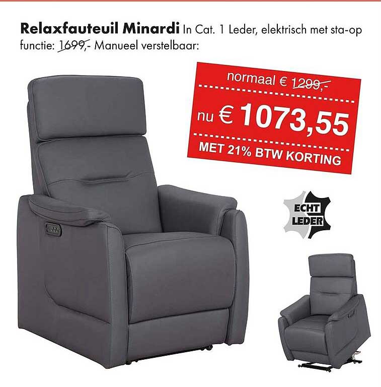 Relaxfauteuil Minardi In Cat. 1 Leder, elektrisch met sta-op functie: Manueel verstelbaar