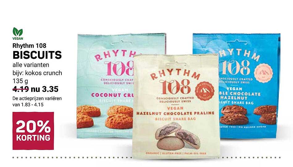 Rhythm 108 BISCUITS alle varianten bijv: kokos crunch 135 g 20% KORTING