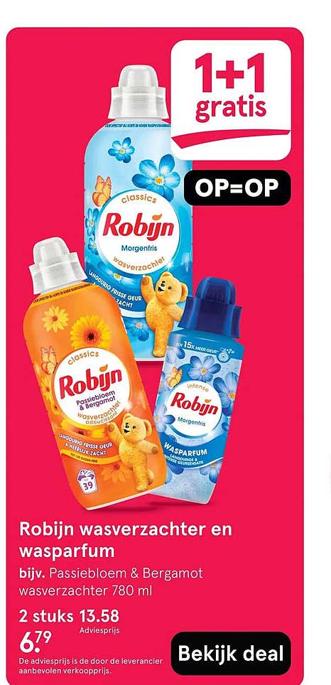 Robijn wasverzachter en wasparfum 1+1 gratis