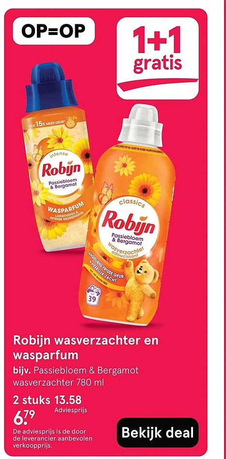 Robijn wasverzachter en wasparfum 1+1 gratis