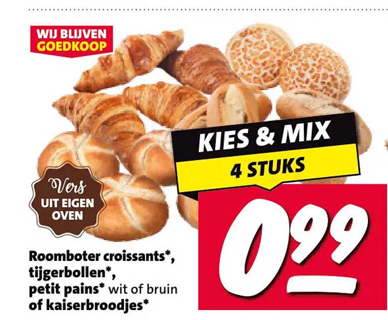 Roomboter croissants*, tijgerbollen*, petit pains* wit of bruin of kaiserbroodjes* KIES & MIX 4 STUKS