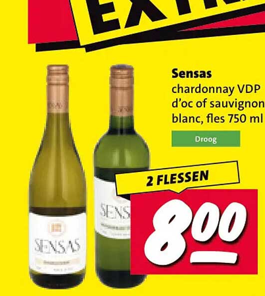 Sensas chardonnay VDP d’oc of sauvignon blanc, fles 750 ml 2 flessen