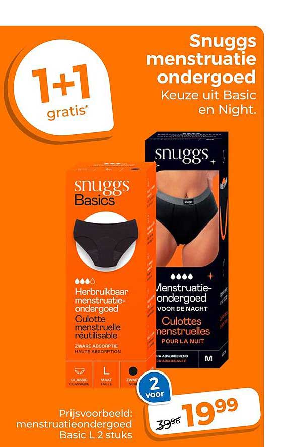 Snuggs menstruatie ondergoed Keuze uit Basic en Night. 1+1 gratis