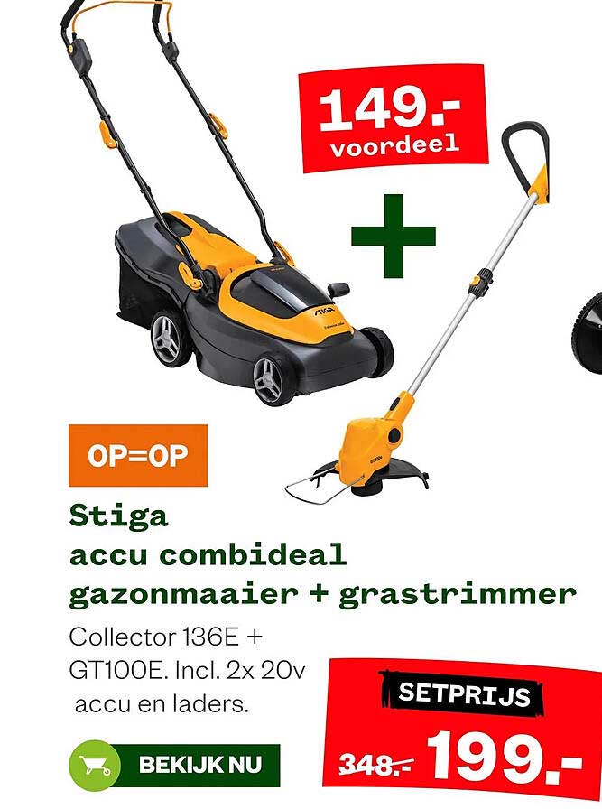 Stiga accu combideal gazonmaaier + grastrimmer Collector 136E + GT100E. Incl. 2x 20v accu en laders. SETPRIJS