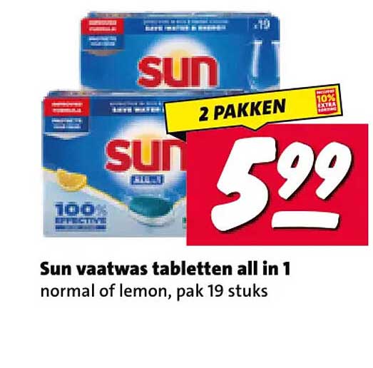 Sun vaatwas tabletten all in 1 normal of lemon, pak 19 stuks 2 pakken