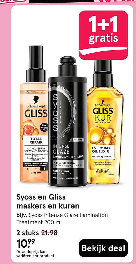 Syoss en Gliss maskers en kuren 1+1 gratis