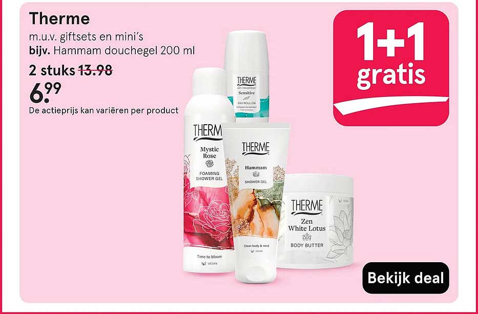 Therme m.u.v. giftsets en mini’s bijv. Hammam douchegel 200 ml 1+1 gratis