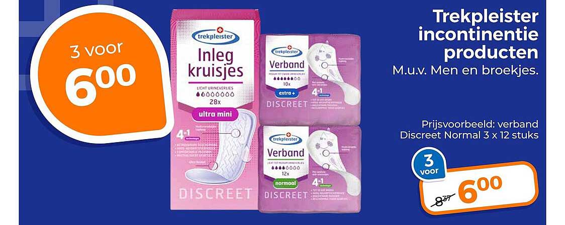 Trekpleister incontinentie producten 3 voor 6,00