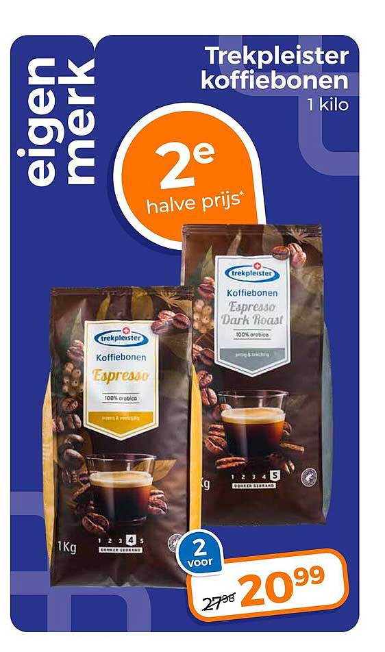 Trekpleister koffiebonen 1 kilo 2e halve prijs