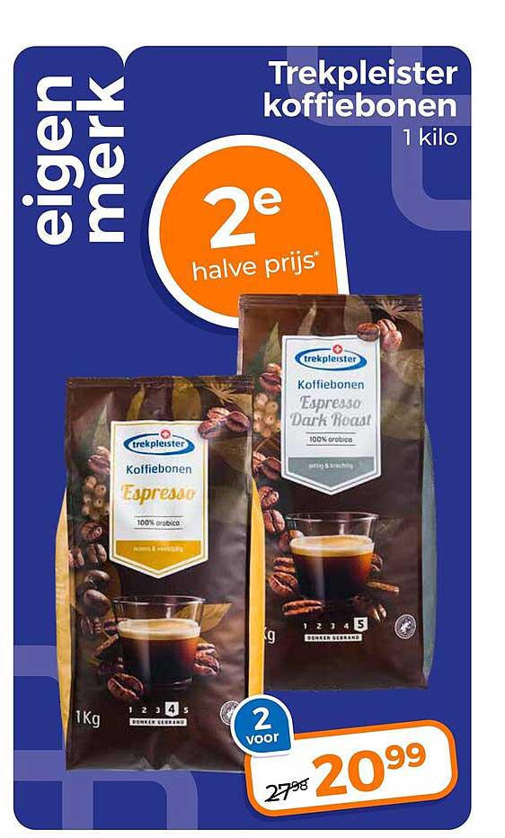 Trekpleister koffiebonen 1 kilo 2e halve prijs