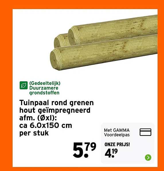 Tuinpaal rond grenen hout geïmpregneerd afm. (ØxL): ca 6.0x150 cm per stuk