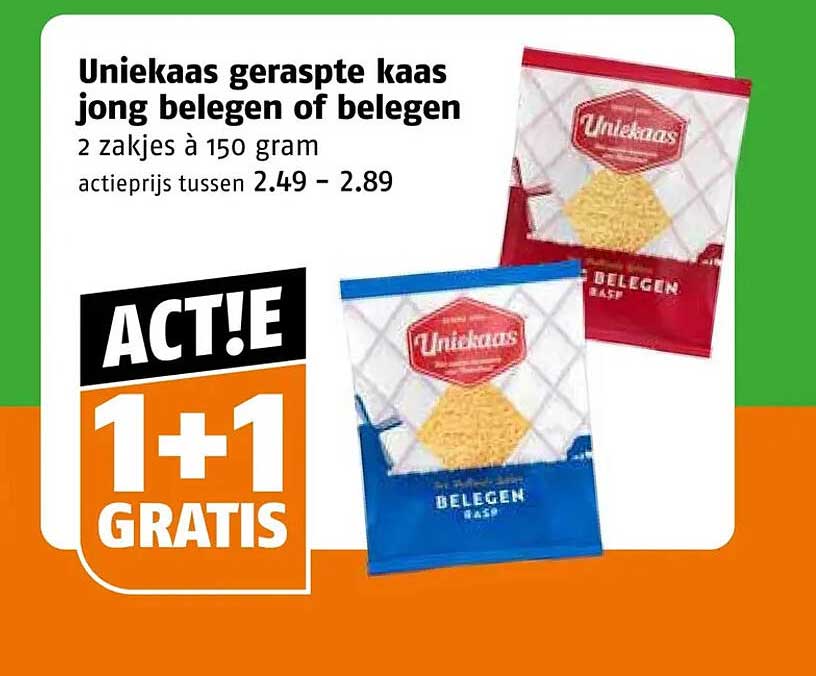 Uniekaas geraspte kaas jong belegen of belegen 1+1 GRATIS