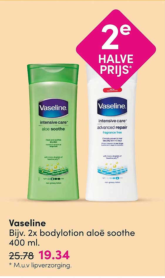Vaseline Bijv. 2x bodylotion aloë soothe 400 ml. 2e halve prijs