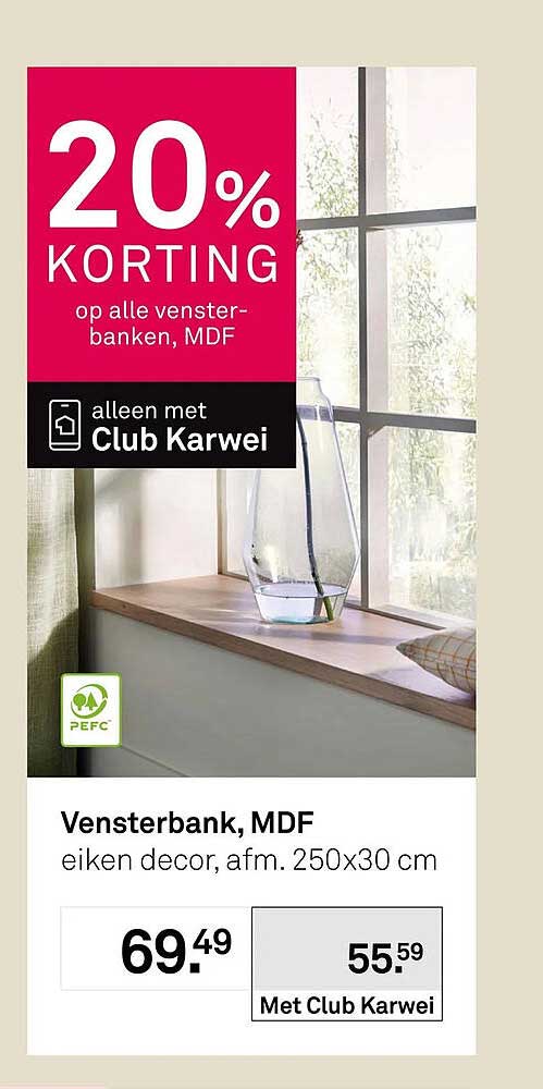 Vensterbank, MDF eiken decor, afm. 250x30 cm 20% KORTING alleen met Club Karwei