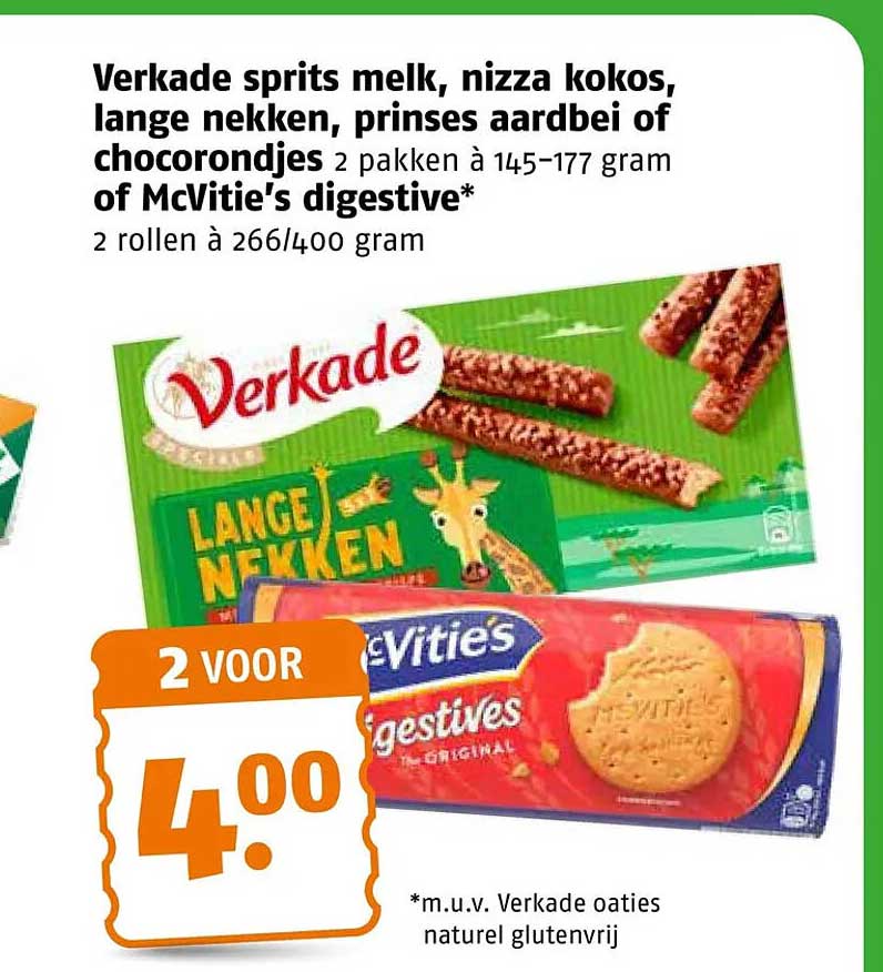 Verkade sprits melk, nizza kokos, lange nekkens, prinses aardbei of choco rondjes of McVitie's digestive*