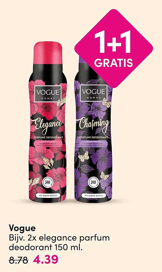 Vogue Bijv. 2x elegance parfum deodorant 150 ml. 1+1 GRATIS