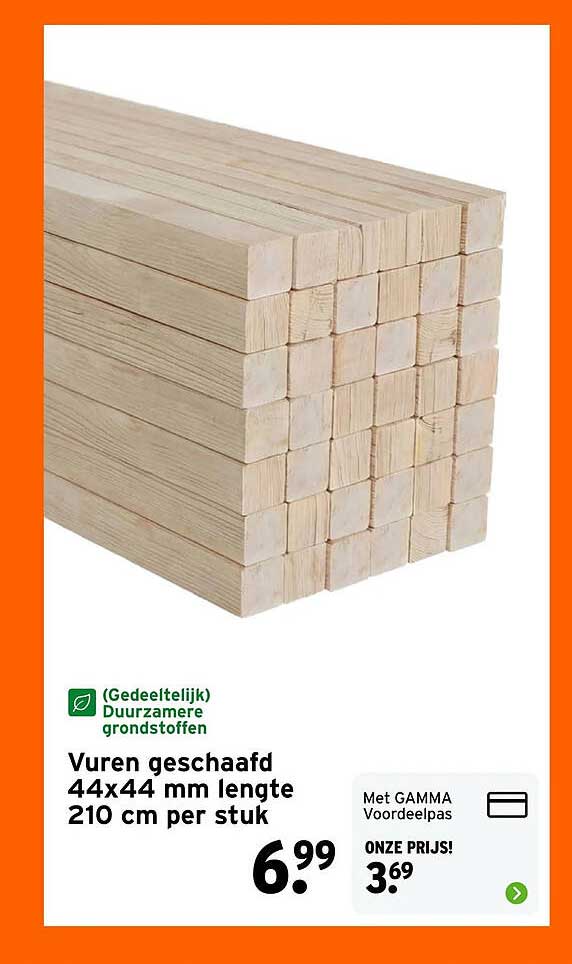 Vuren geschaafd 44x44 mm lengte 210 cm per stuk