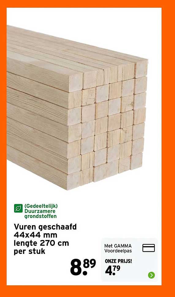 Vuren geschaafd 44x44 mm lengte 270 cm per stuk