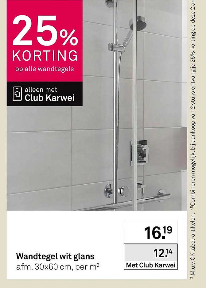 Wandtegel wit glans afm. 30x60 cm, per m²