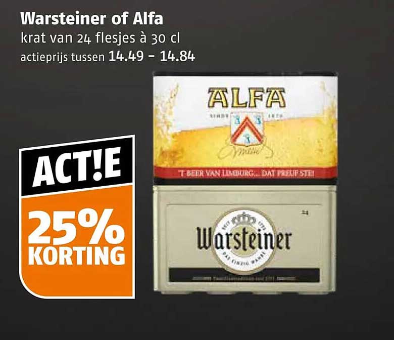 Warsteiner of Alfa krat van 24 flesjes à 30 cl 25% korting