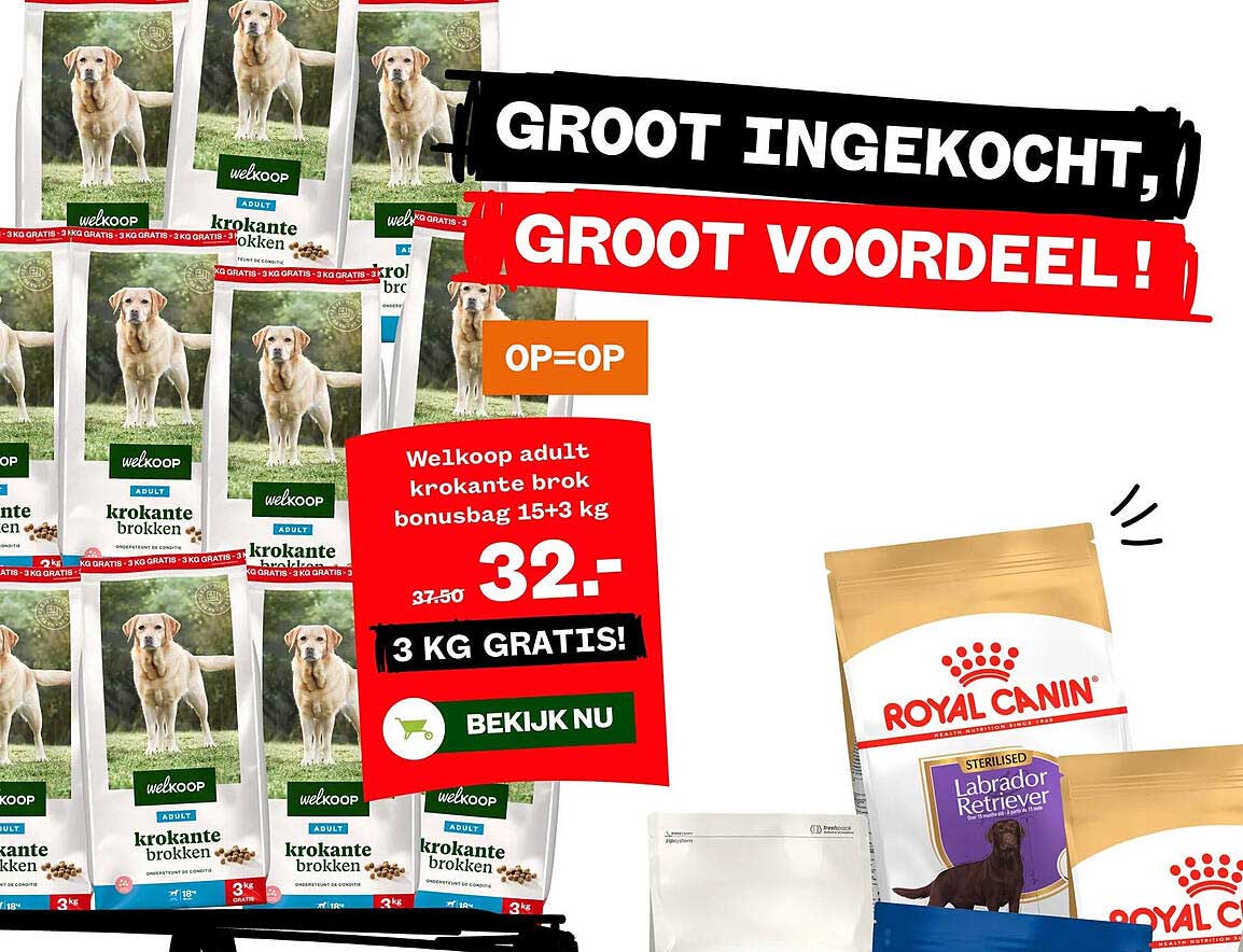 Welkoop adult krokante brokken bonusbag 15+3 kg 3 KG GRATIS!