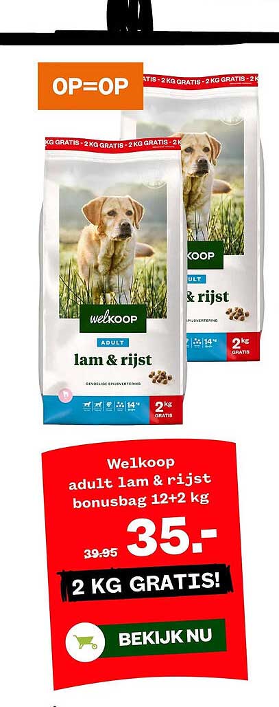 Welkoop adult lam & rijst bonusbag 12+2 kg 2 KG GRATIS!