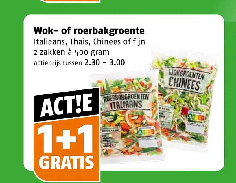 Wok- of roerbakgroente Italiaans, Thais, Chinees of fijn 1+1 GRATIS