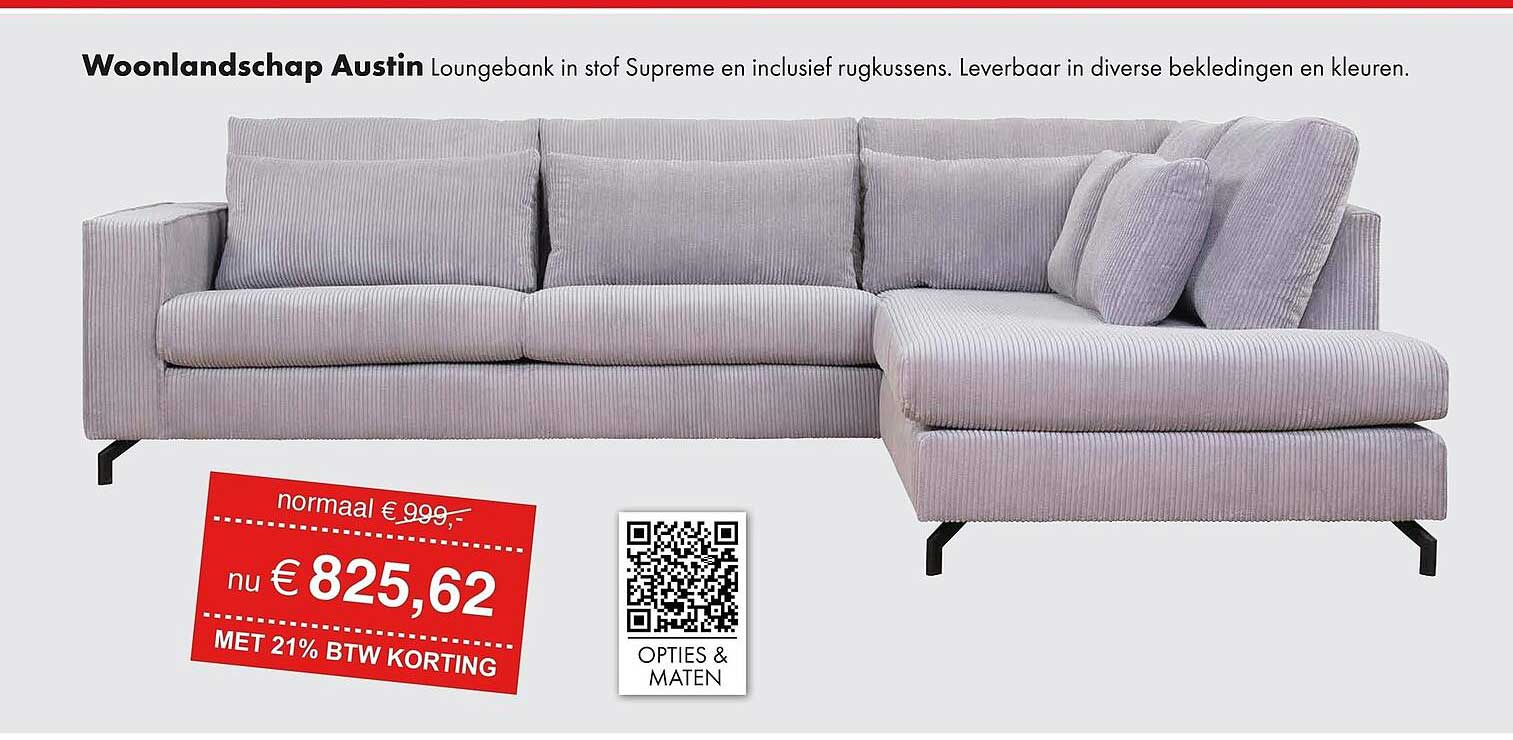 Woonlandschap Austin Loungebank in stof Supreme en inclusief rugkussens. Leverbaar in diverse bekledingen en kleuren.