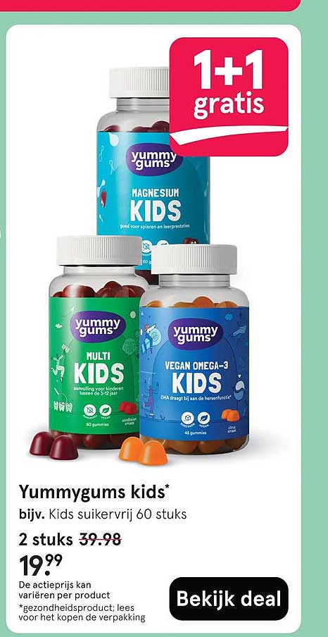 Yummygums kids* bijv. Kids suikervrij 60 stuks 1+1 gratis