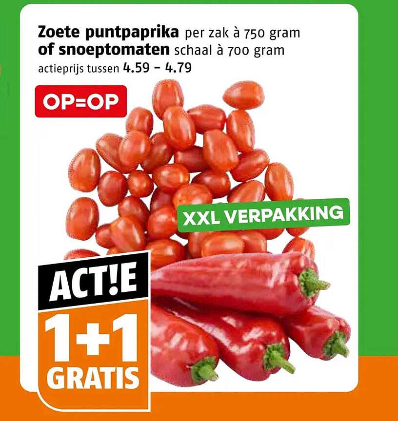 Zoete puntpaprika per zak à 750 gram of snoeptomaten schaal à 700 gram 1+1 gratis