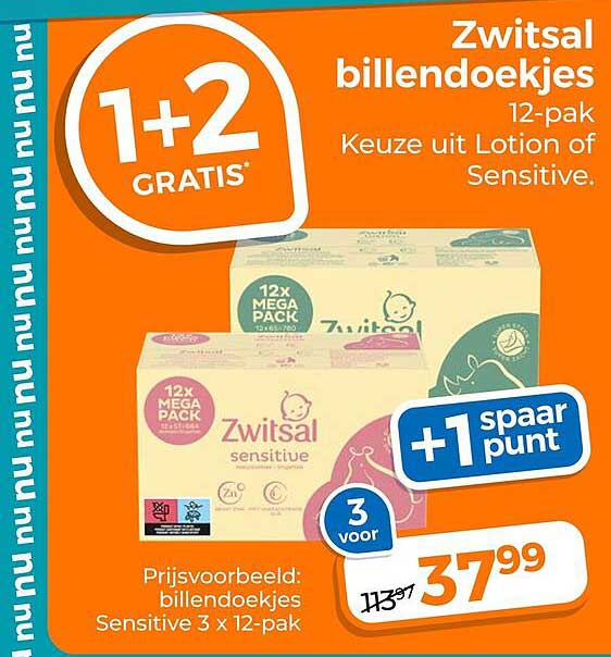Zwitsal billendoekjes 12-pak Keuze uit Lotion of Sensitive. 1+2 GRATIS