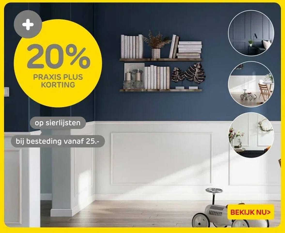 20% PRAKIS PLUS KORTING op sierlijsten bij besteding vanaf 25.-