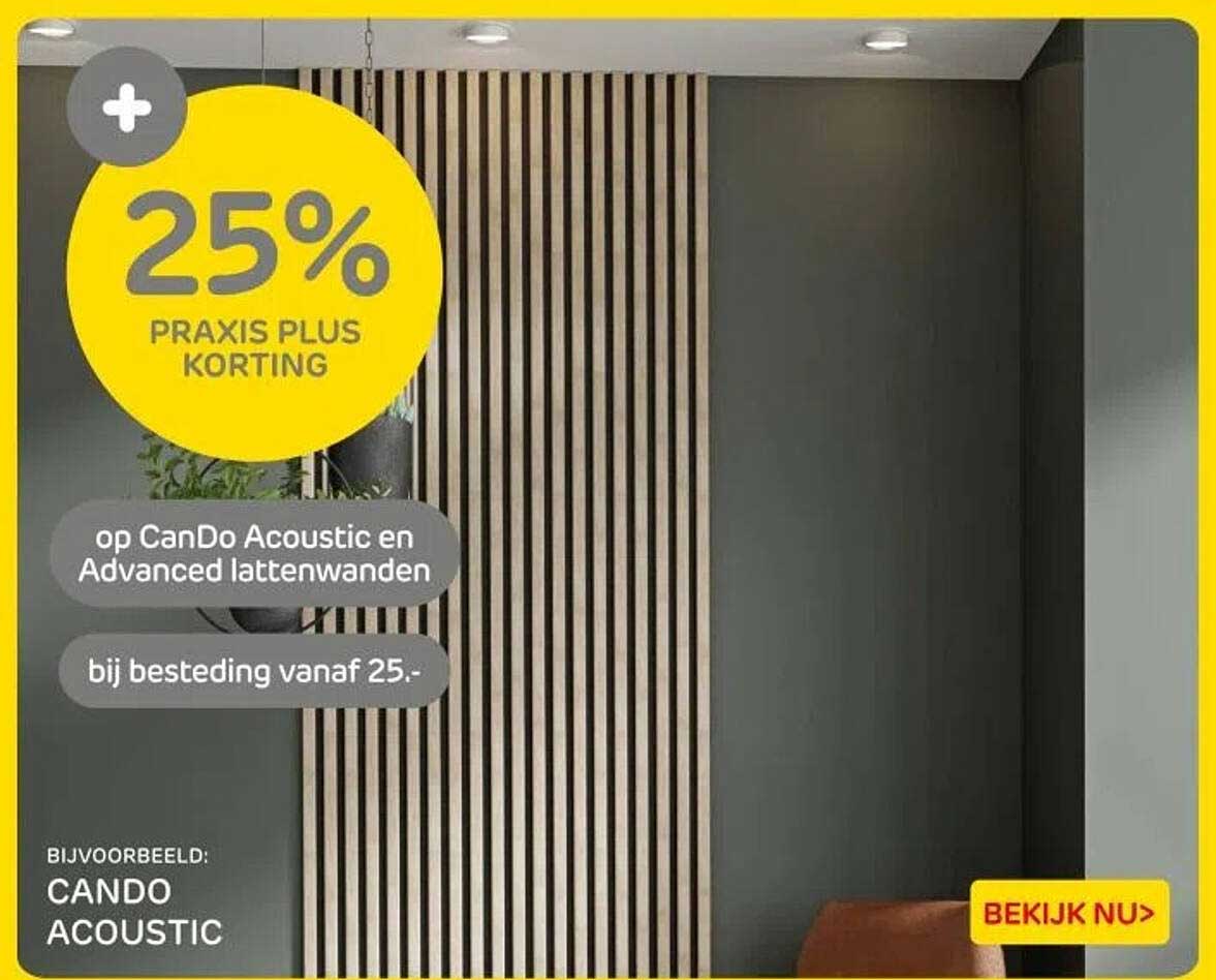 25% PRAKTIJS PLUS KORTING op CanDo Acoustic en Advanced lattenwanden bij besteding vanaf 25.-