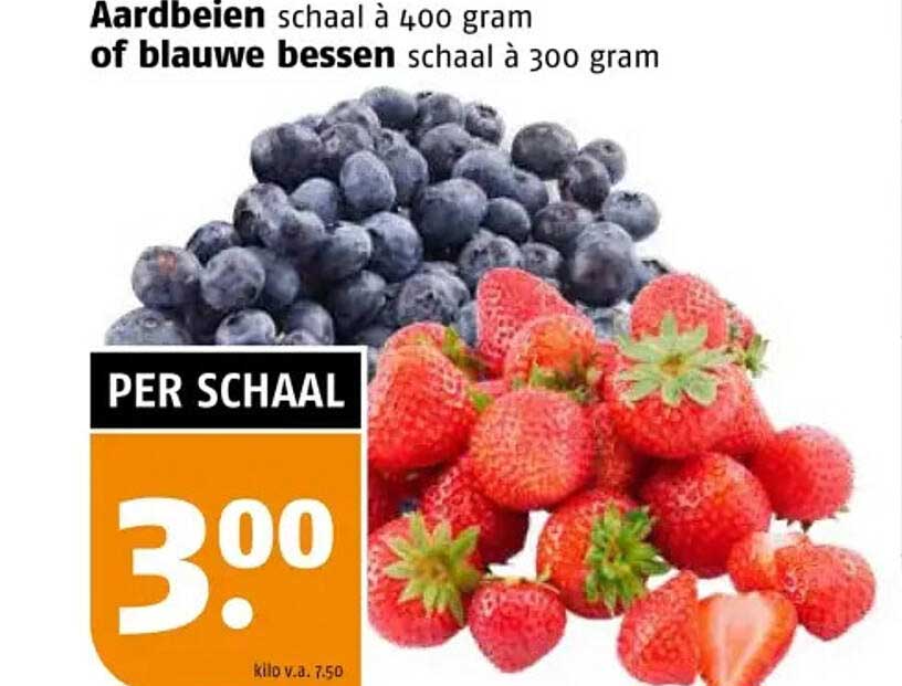 Aardbeien schaal à 400 gram of blauwe bessen schaal à 300 gram