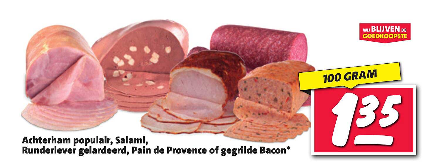Achterham populair, Salami, Runderlever gelardeerd, Pain de Provence of gegrilde Bacon*