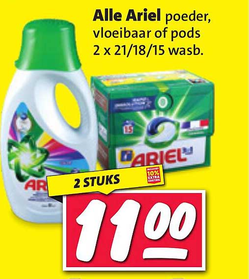 Alle Ariel poeder, vloeibaar of pods 2 x 21/18/15 wasb.