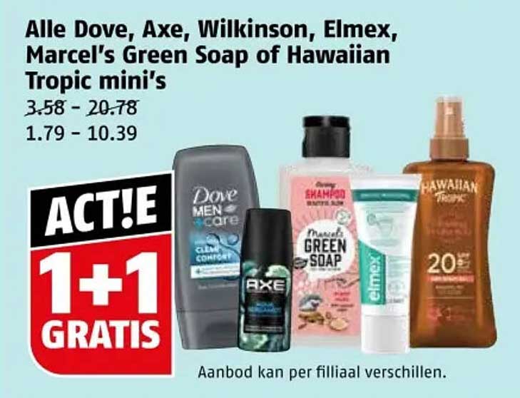 Alle Dove, Axe, Wilkinson, Elmex, Marcel’s Green Soap of Hawaiian Tropic mini's