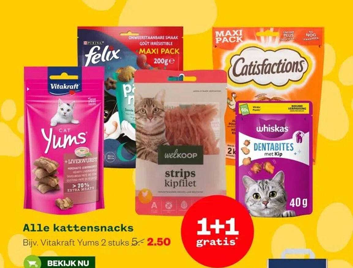 Alle kattensnacks Bijv. Vitakraft Yums 2 stuks 5,- 2.50