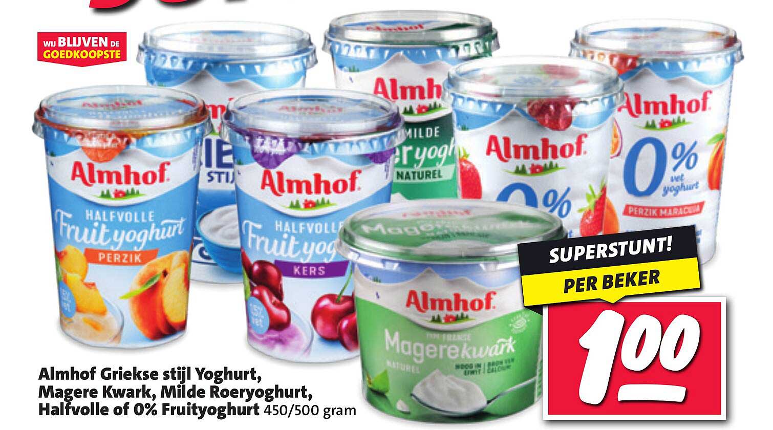 Almhof Griekse stijl Yoghurt, Magere Kwark, Milde Roeryoghurt, Halvolle of 0% Fruityoghurt 450/500 gram