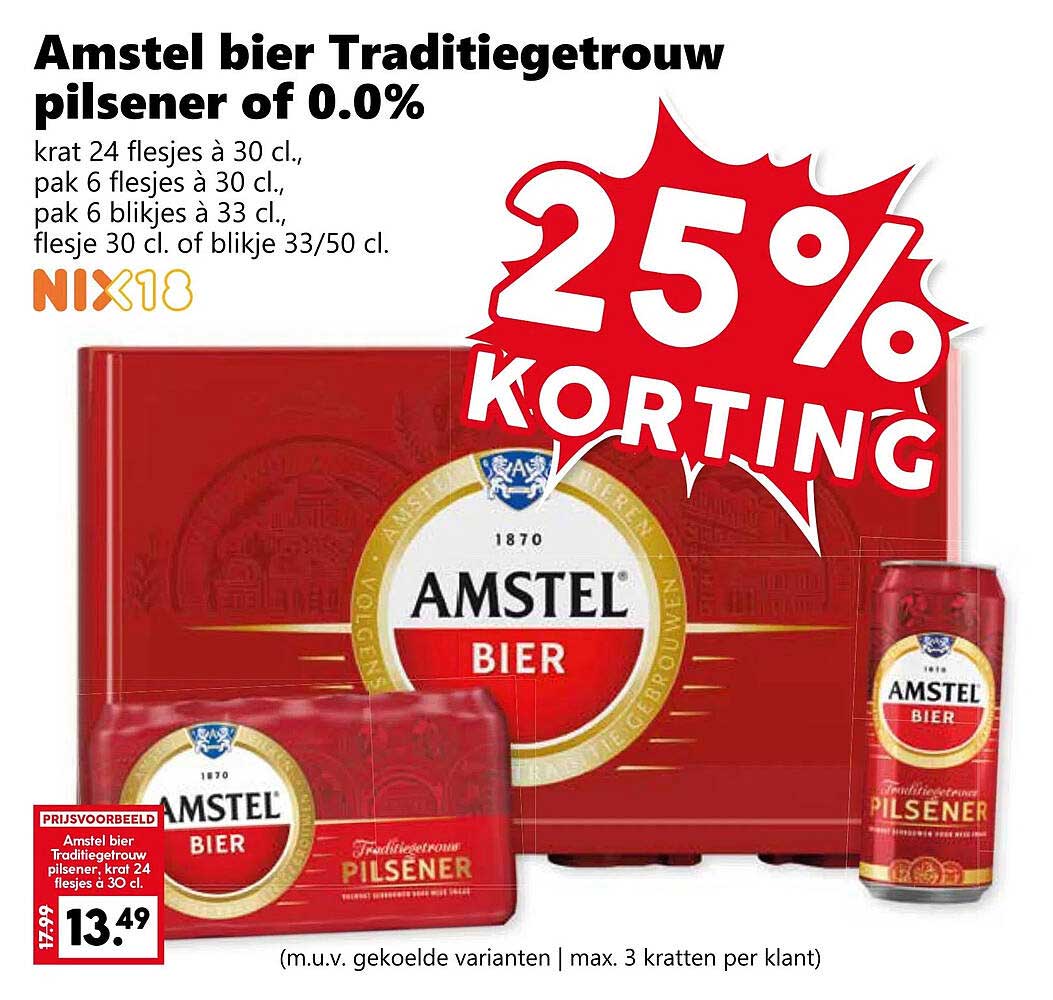 Amstel bier Traditiegetrouw pilsener of 0.0% - krat 24 flesjes à 30 cl.