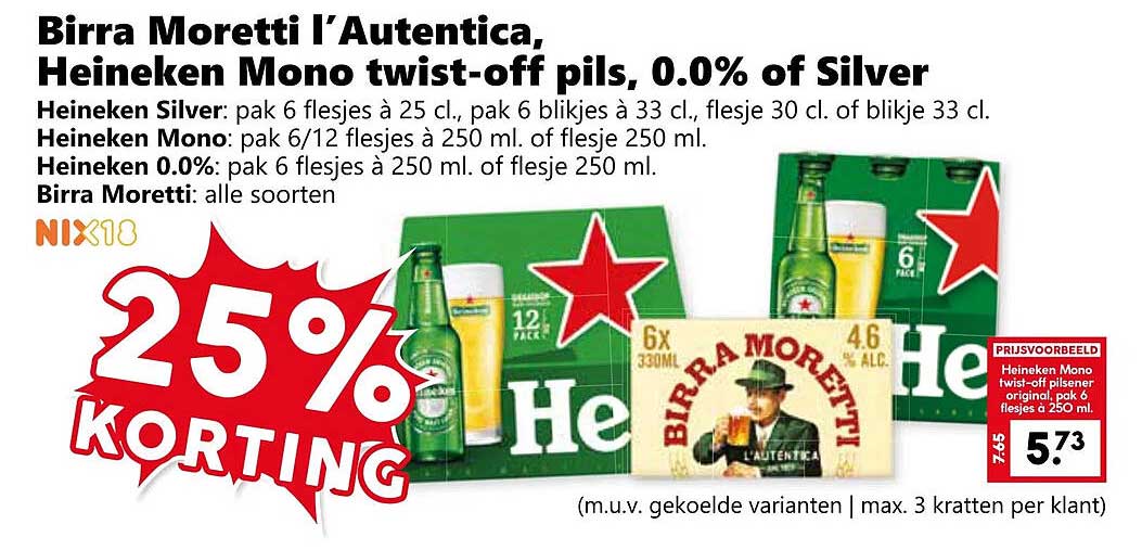 Birra Moretti l'Autentica, Heineken Mono twist-off pils, 0.0% of Silver