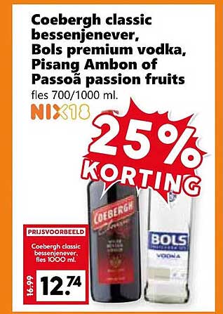 Coebergh classic bessenjenever, Bols premium vodka, Pisang Ambon of Passoã passion fruits fles 700/1000 ml.