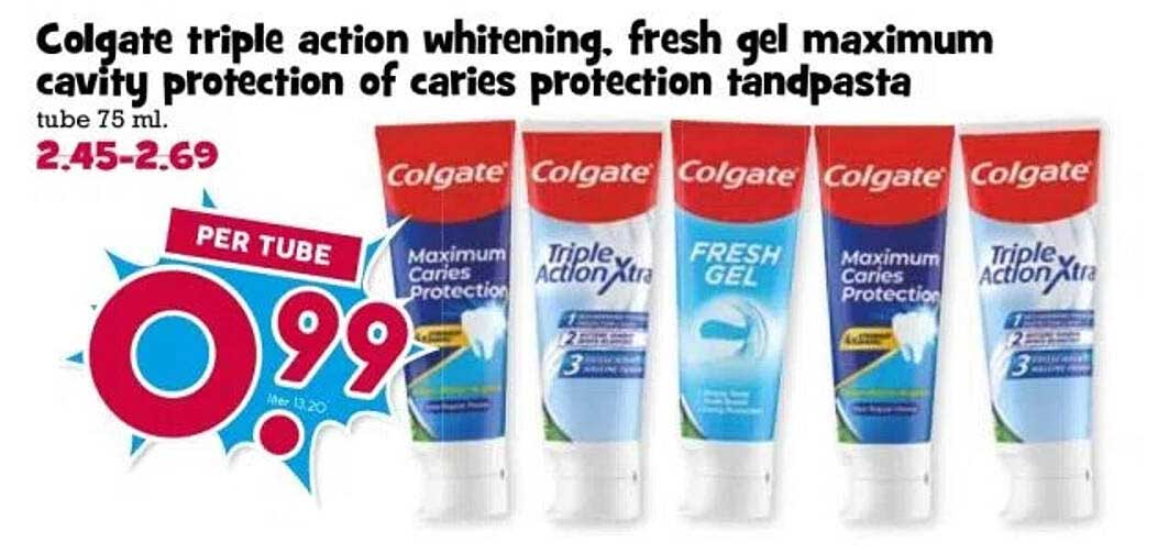 Colgate triple action whitening, fresh gel maximum cavity protection of caries protection tandpasta