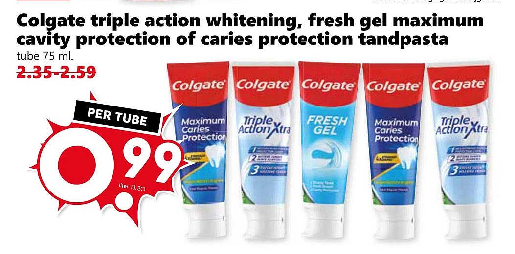 Colgate triple action whitening, fresh gel maximum cavity protection of caries protection tandpasta