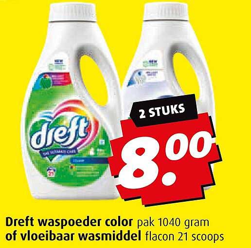 Dreft waspoeder color pak 1040 gram of vloeibaar wasmiddel flacon 21 scoops